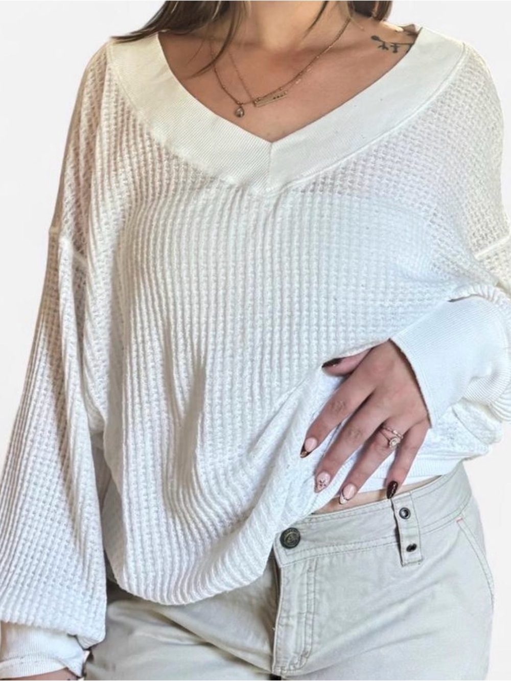 We The Free Ivory Waffle Knit V-Neck Sweatshirt